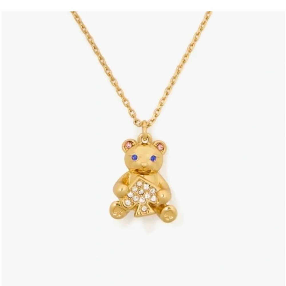 ♠️ Kate Spade Oh What Fun Gold Teddy Bear Crystal Pendant Necklace NWT 🧸